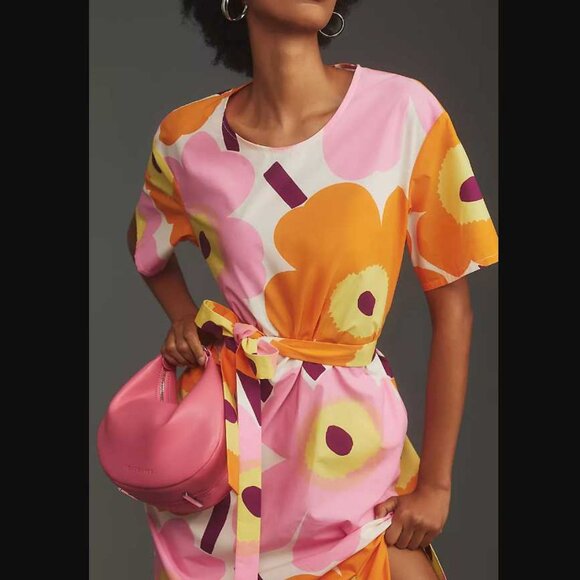 New women's 12 Marimekko x Anthropologie Kemut Unikko poplin belted midi dress - Picture 2 of 11